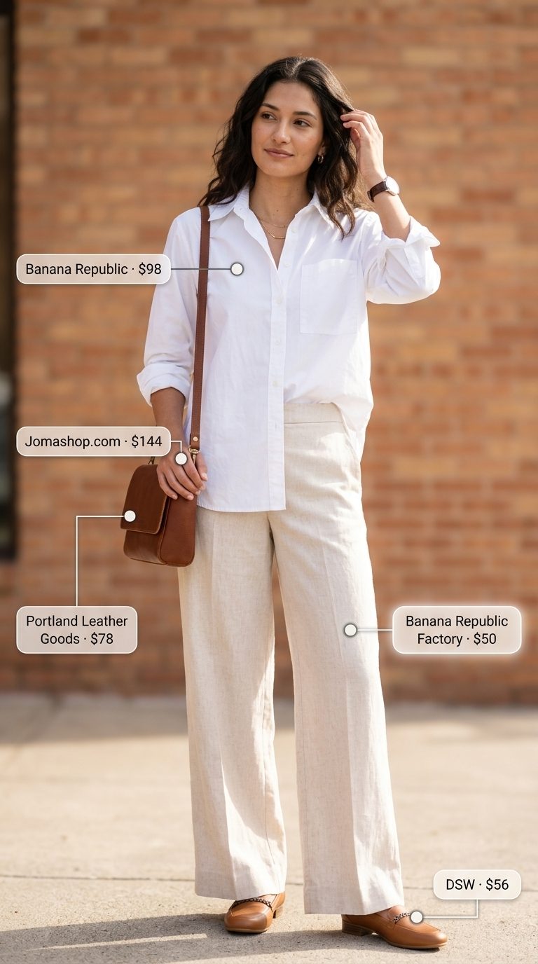 City chic linen shorts outfits for women 2026 in white and navy. Polished casual office look with tan loafers and crossbody bag.
