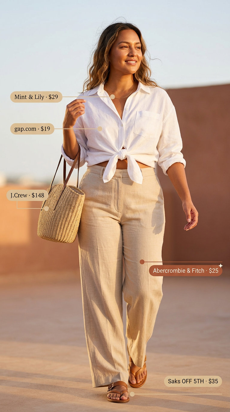 Sandy beige linen pant outfits summer for women 2026, paired with a white linen shirt and straw bag for a chic beach day look.