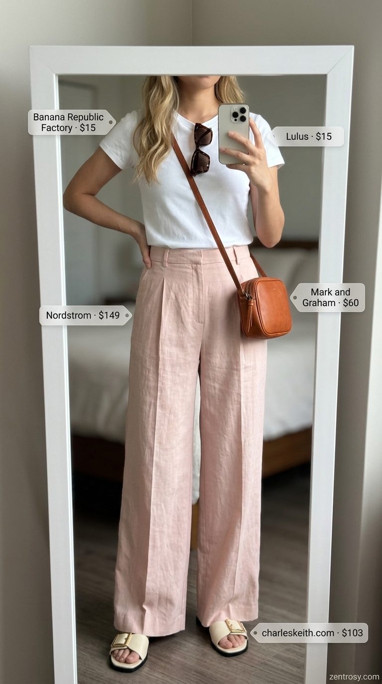 Effortless linen trousers outfits for women 2026 in blush pink. Comfortable chic look with white tee and tan crossbody bag.