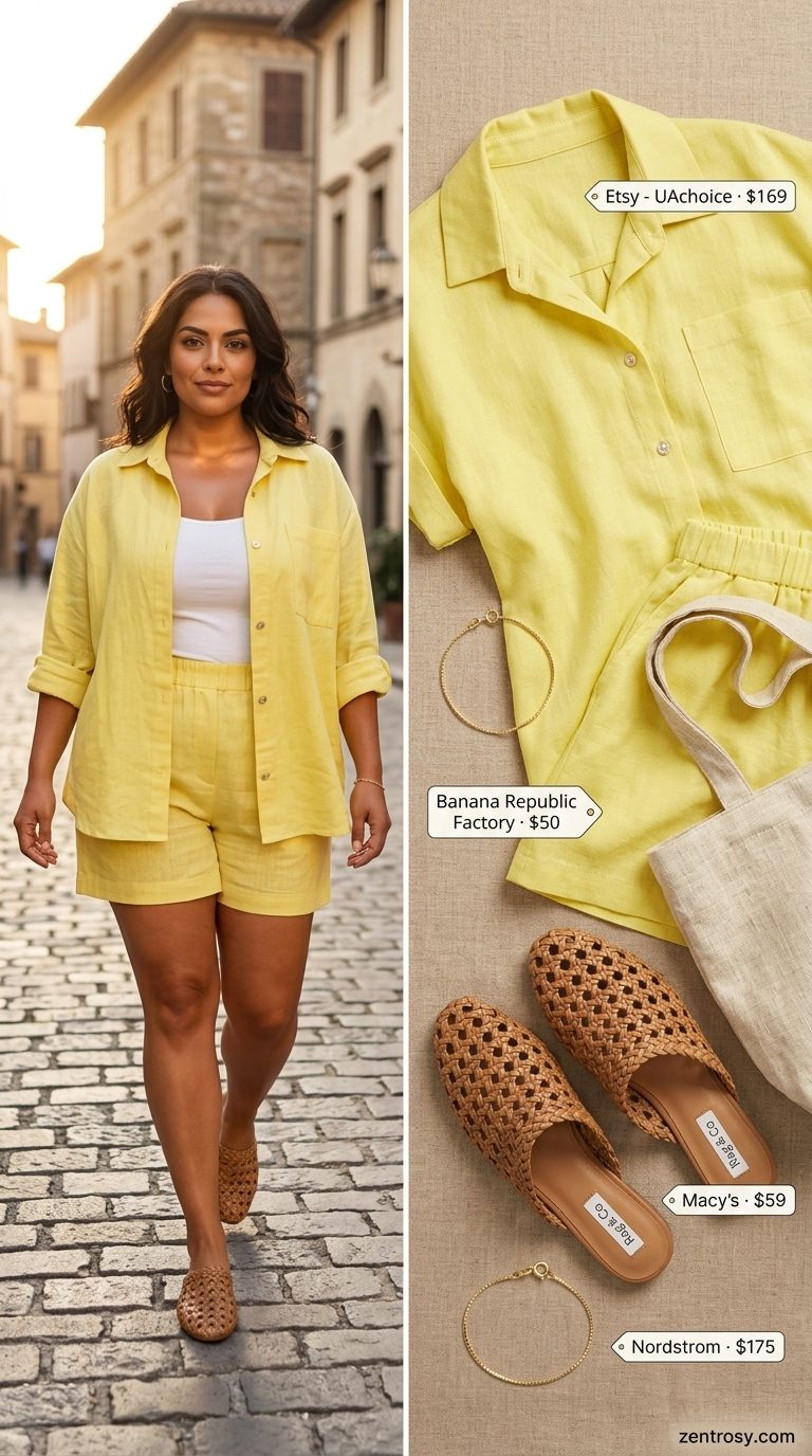 Elevated linen shorts set for women 2026 in soft yellow and white. Casual outing outfit with linen pants and gold bracelet.