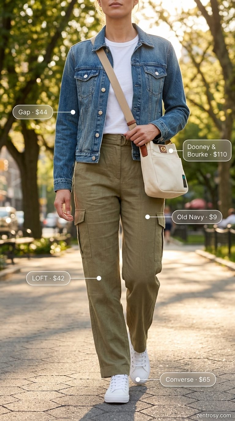 Khaki green linen cargo pants outfits summer for women 2026, paired with a white tee and denim jacket for casual errands.