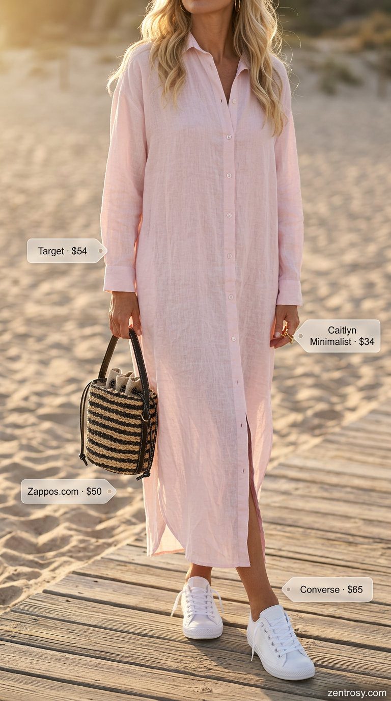 Linen shirt dress for women 2026 in blush pink. Effortless casual day out outfit with white sneakers and straw crossbody bag.