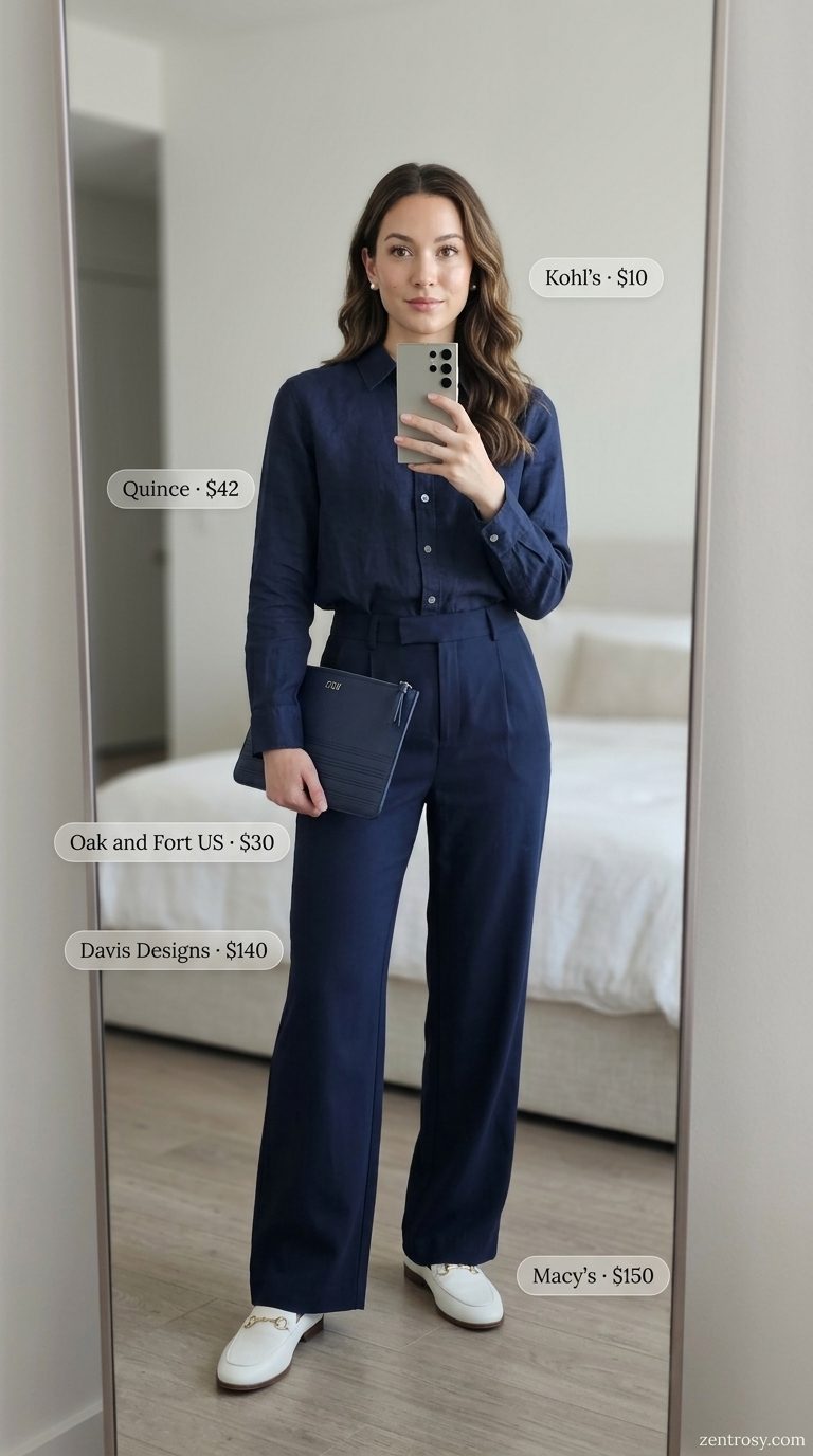 Monochromatic linen pant outfits for women 2026 in navy. Sophisticated business casual look with pearl earrings and leather loafers.