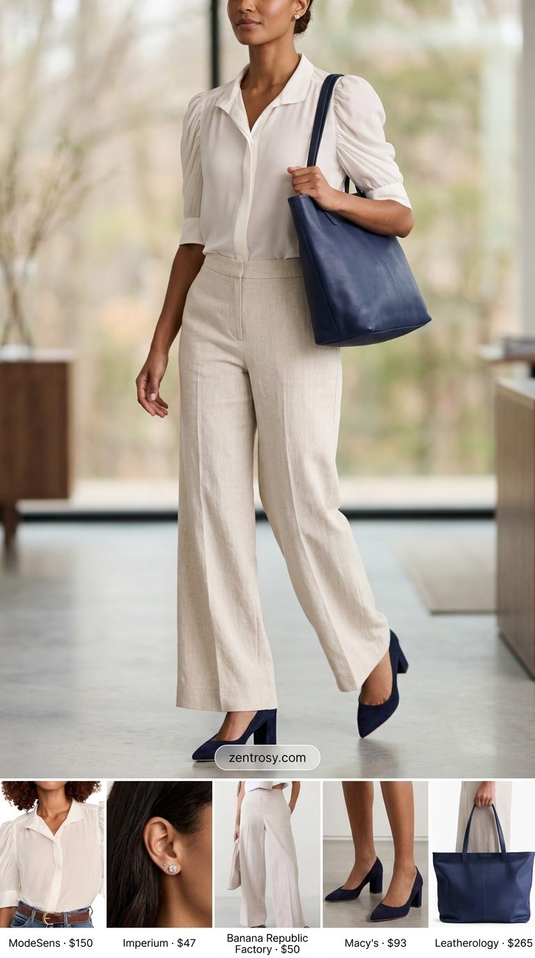 Summer office elegance with linen pant outfits for women 2026 in light blue and cream. Professional work outfit with navy pumps.