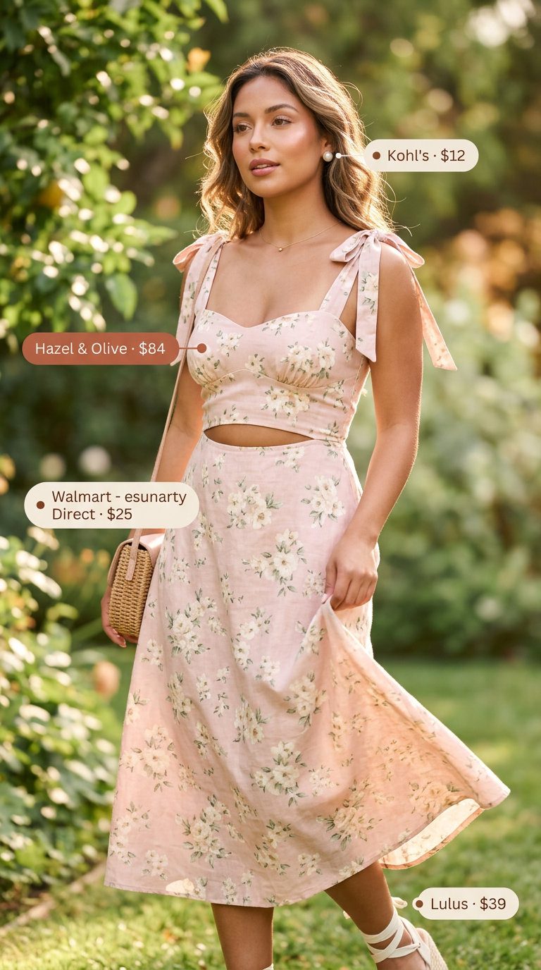 Blush pink floral linen blend dress for summer 2026, a romantic option for garden parties and weddings.