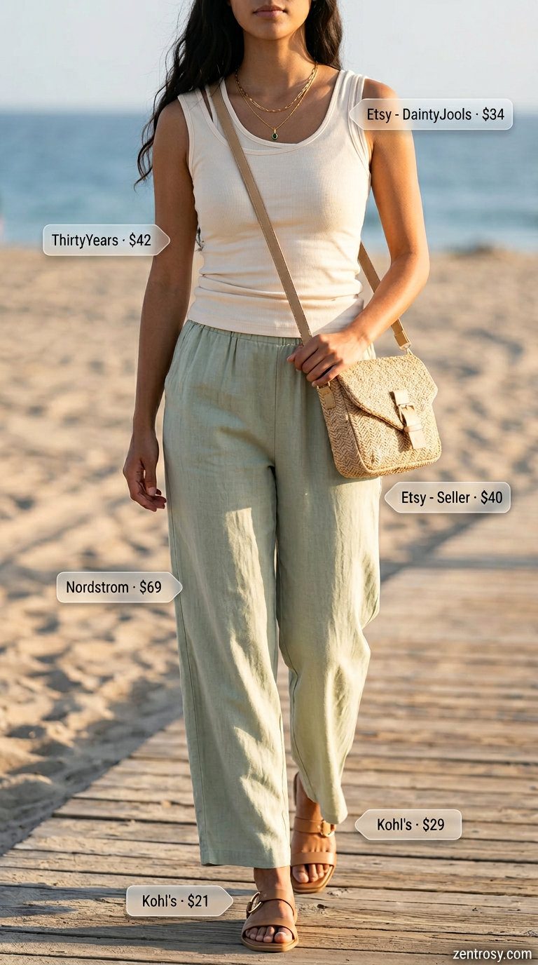 Sage green linen pant outfits summer for women 2026, styled with a cream tank and gold necklace for a casual day out.