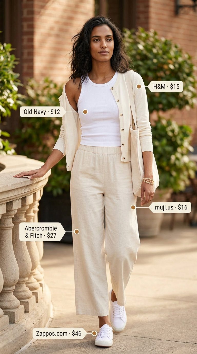 Coral pink linen pant outfits summer for women 2026, styled with a cream cardigan and white tank for a beach town stroll.