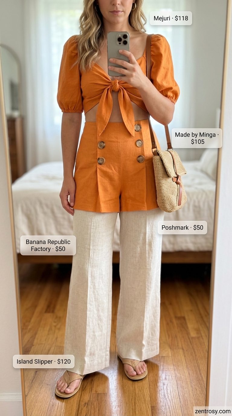 Seaside linen set outfits for women 2026 in terracotta. Playful beach vacation look with crop top, shorts, and woven bag.