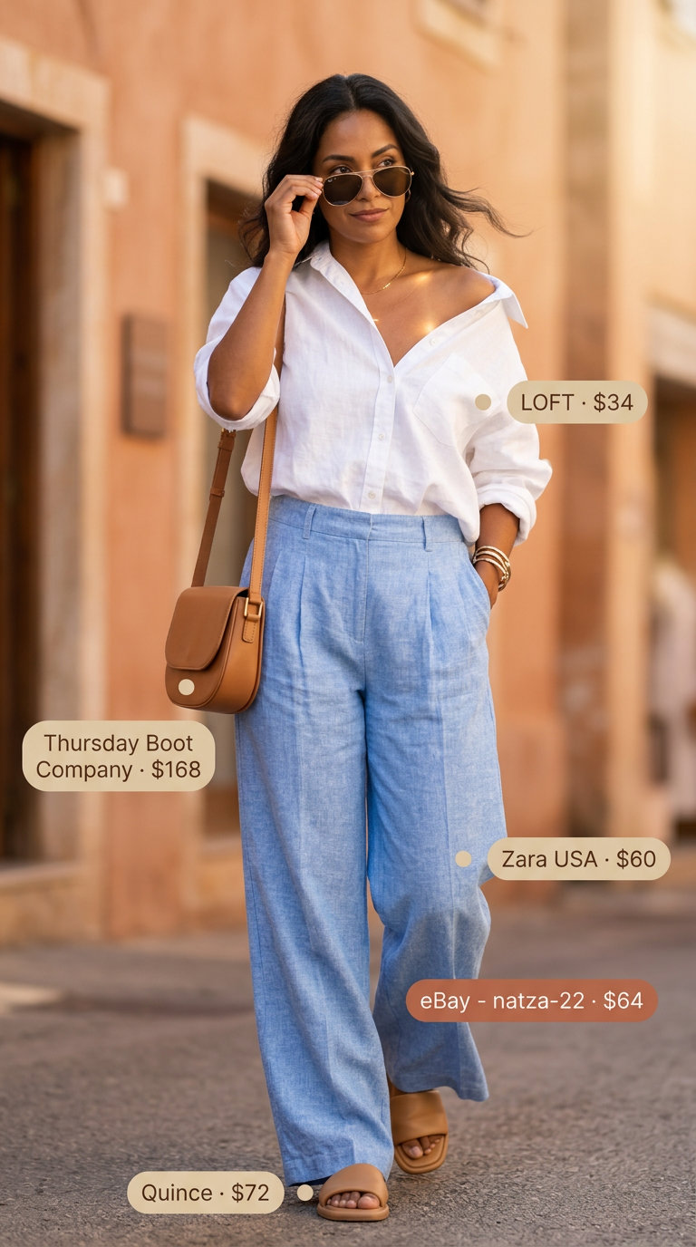 Sky blue linen trousers outfits summer for women 2026, paired with a white linen shirt and tan crossbody for smart casual.
