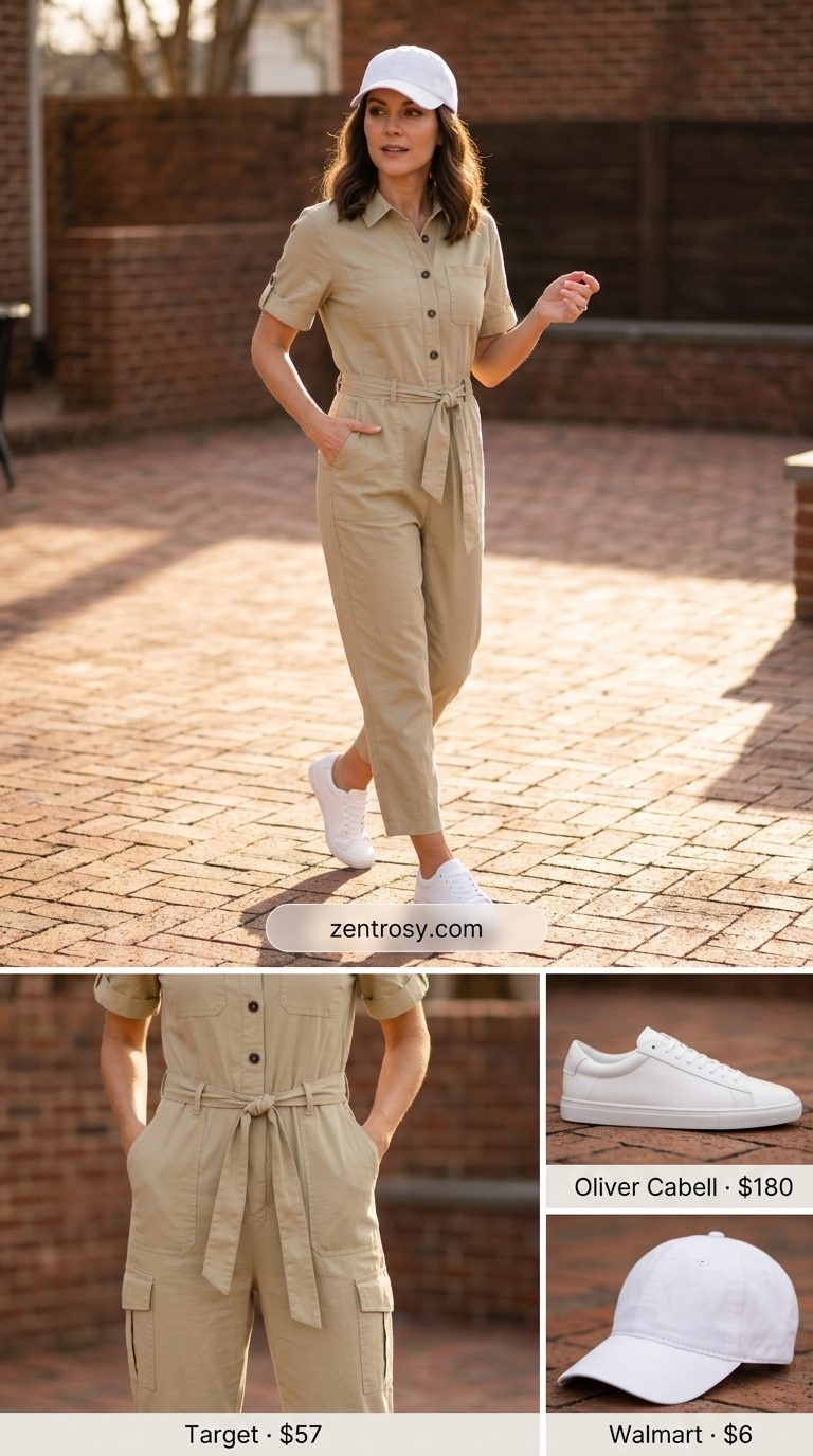 Modern utility jumpsuit for women 2026 in khaki linen. Casual day out outfit with white sneakers and canvas belt bag.