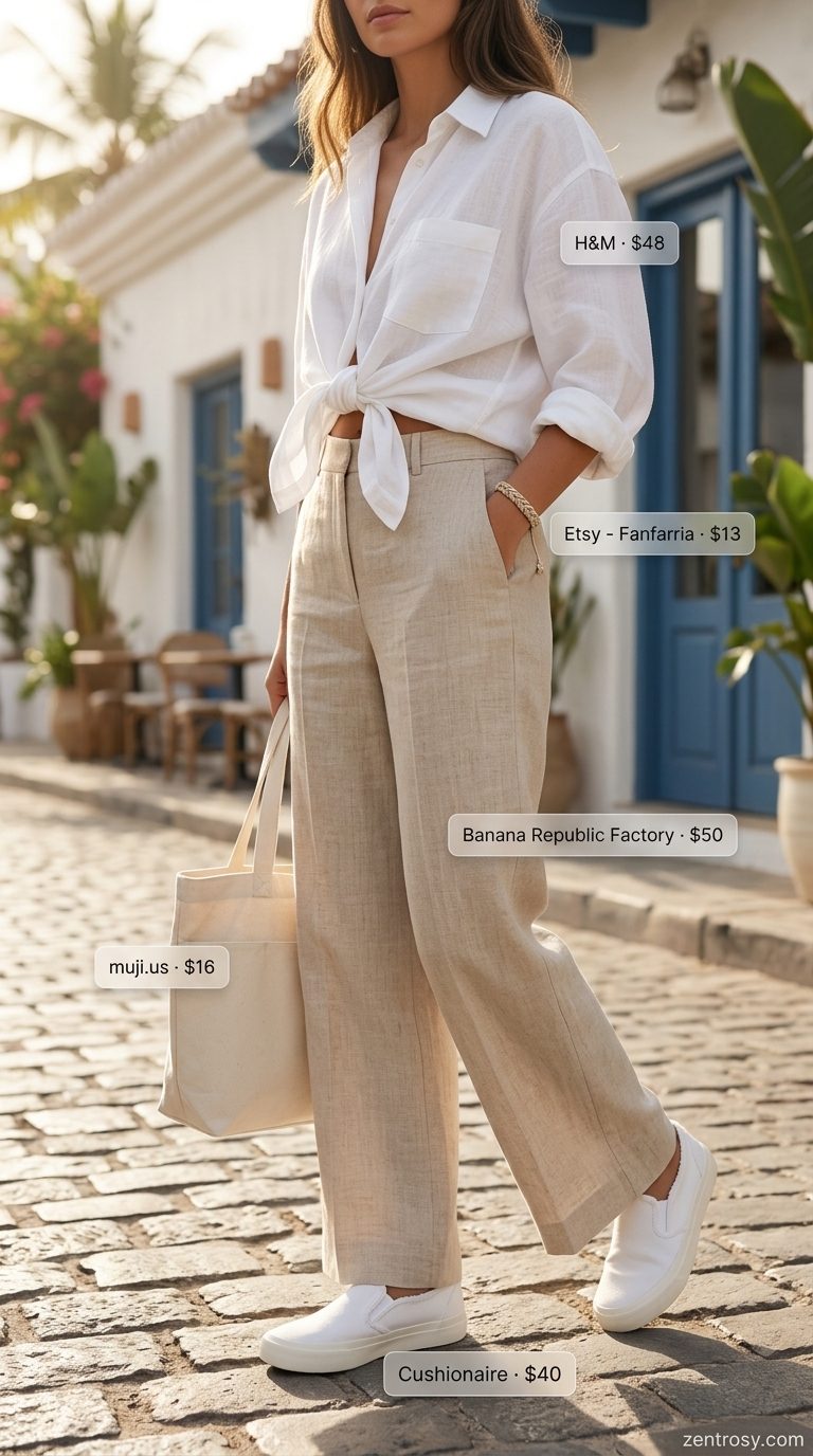 Casual linen pant outfits summer for women 2026: light blue shorts, white shirt, canvas sneakers.