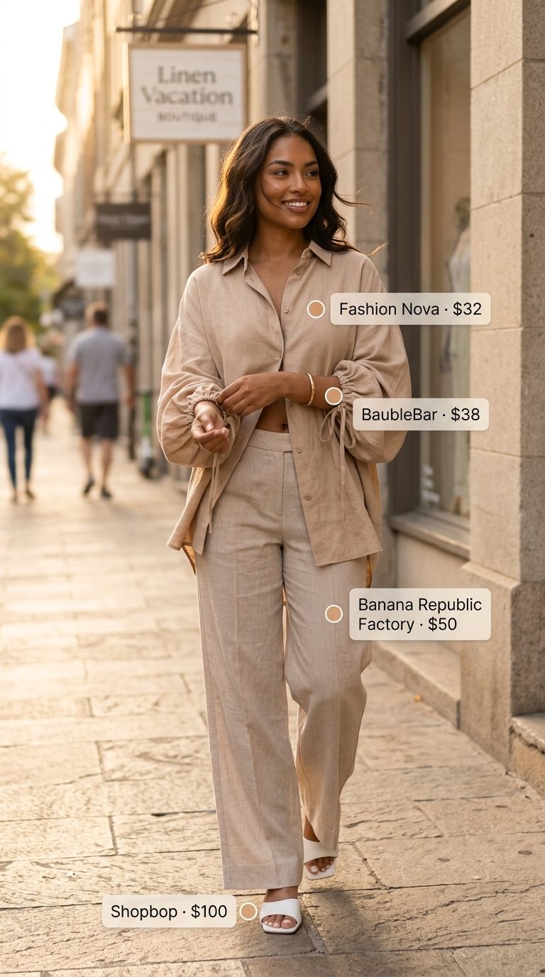 Coordinated linen pant outfits summer for women 2026: beige set, white slides, gold bangles for vacation.