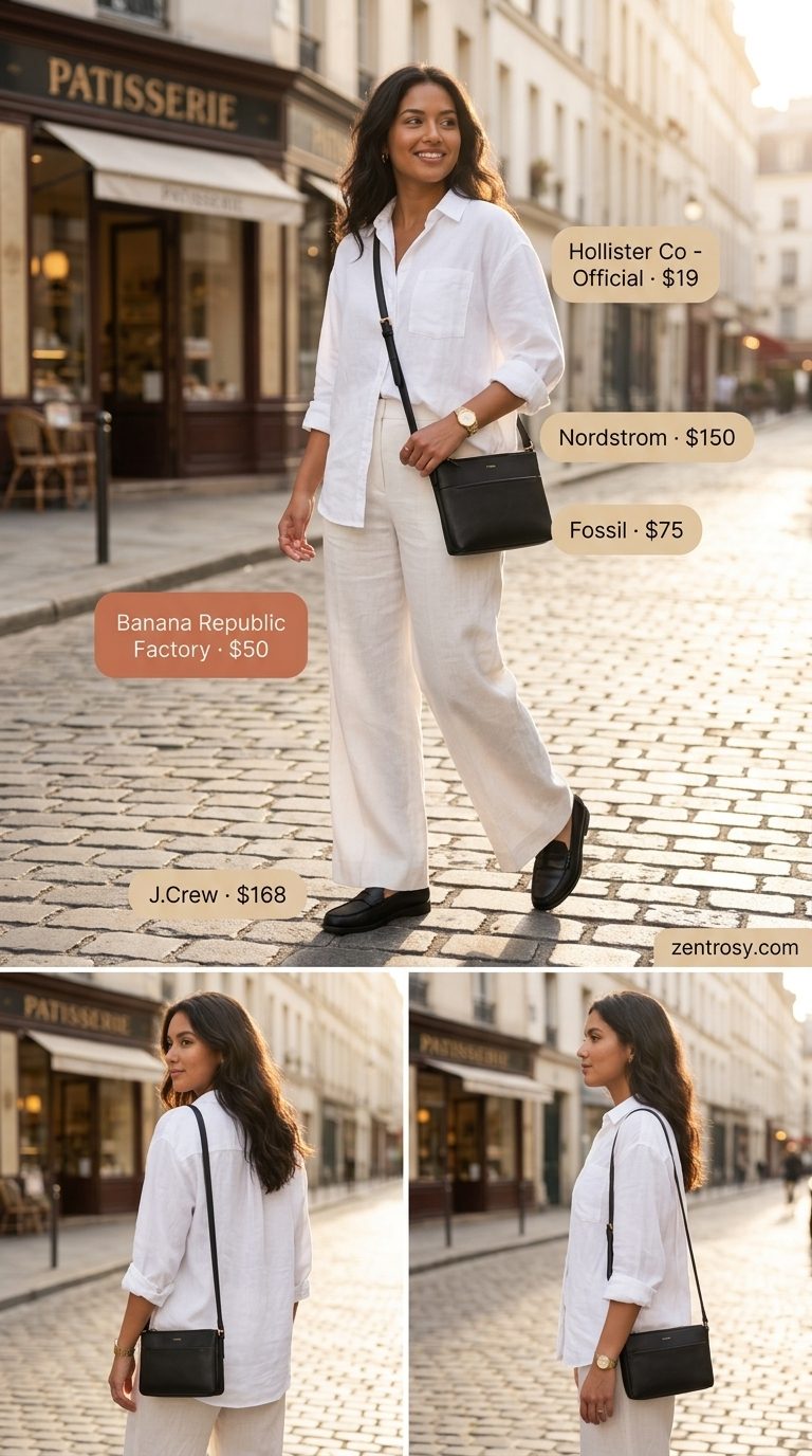 Chic linen pant outfits summer for women 2026: olive green shorts, white shirt, black loafers for smart casual.