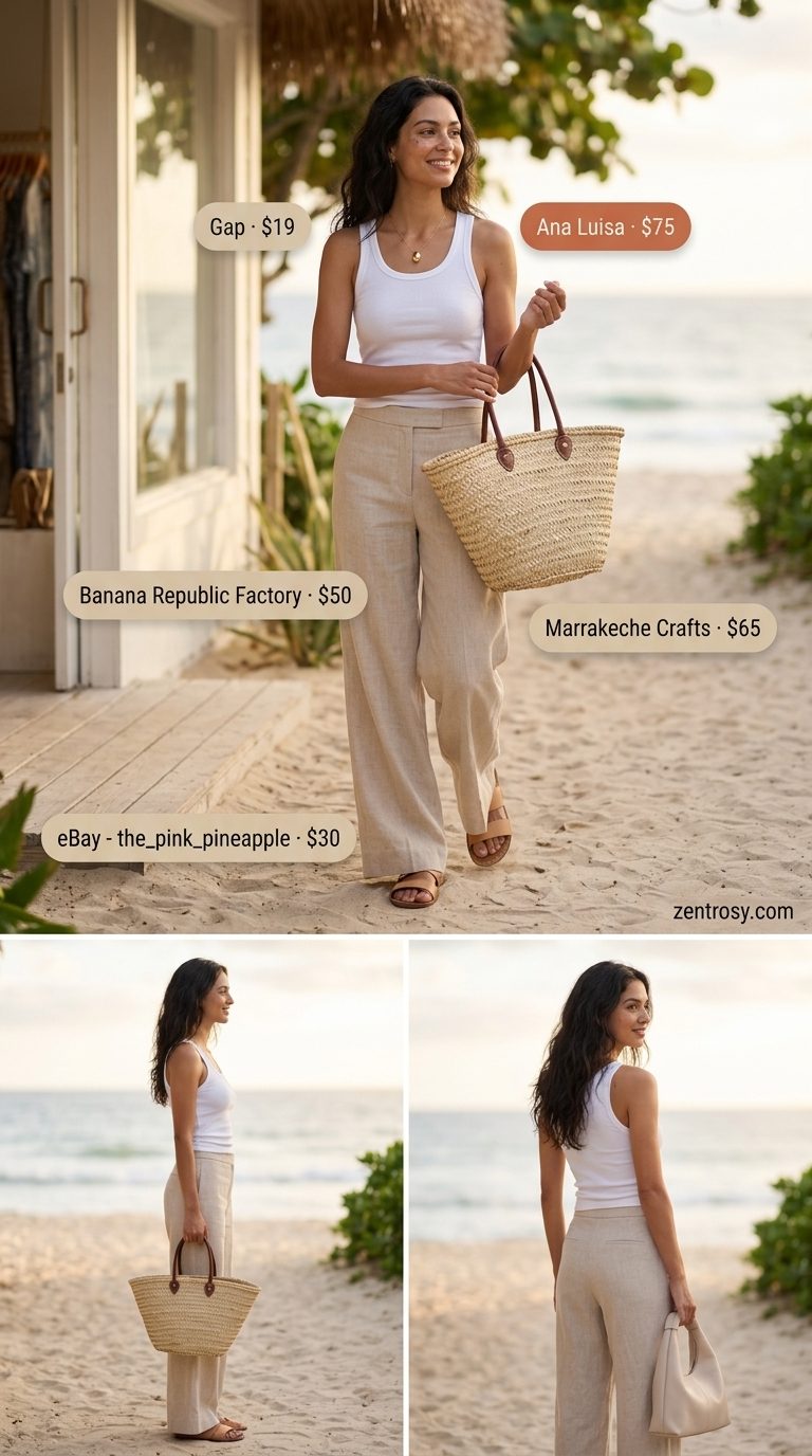 Relaxed linen pant outfits summer for women 2026: sandstone beige pants, white tank, tan sandals.