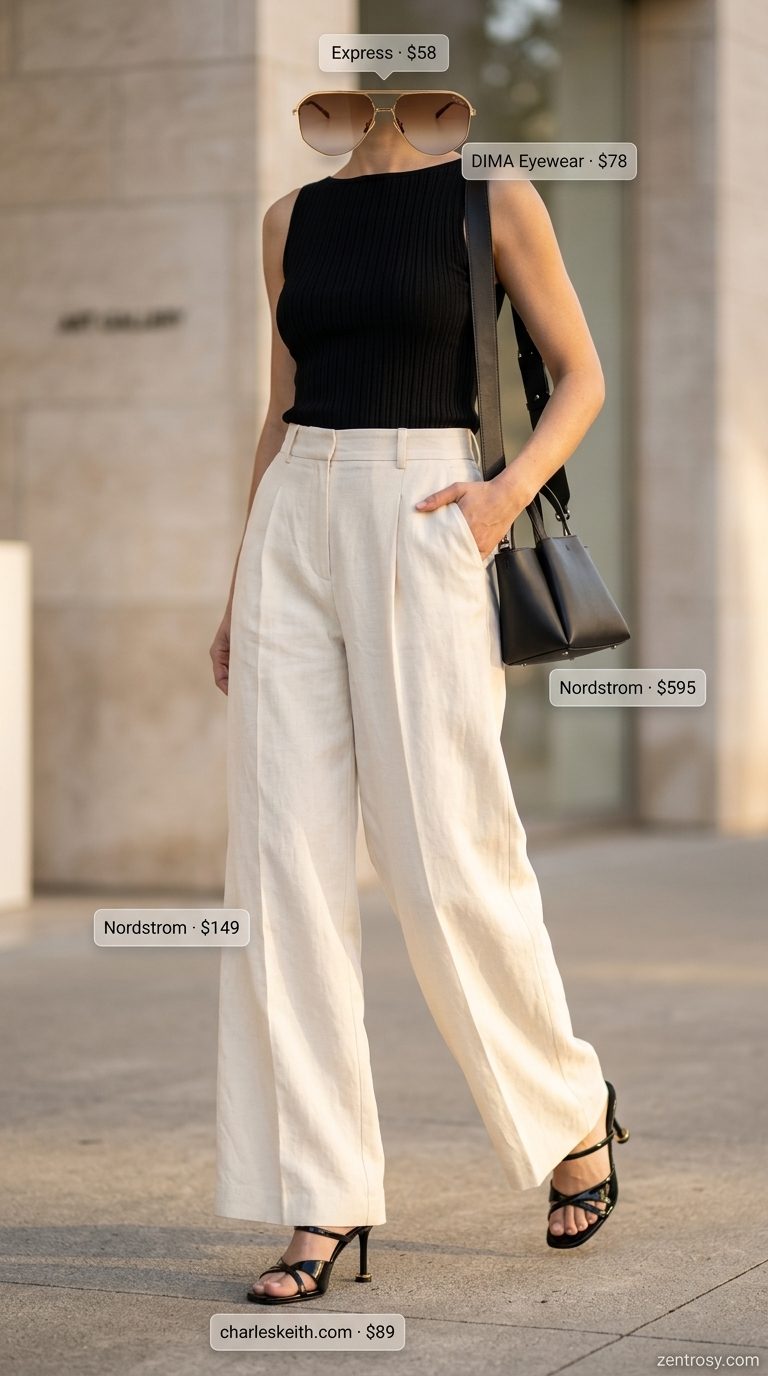 Cream linen pant outfits summer for women 2026: wide-leg trousers, black knit top, gold accessories for day to night.