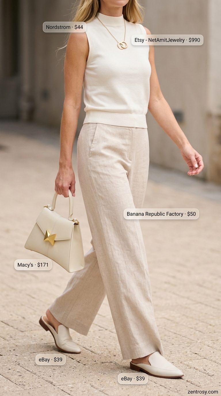 Monochromatic linen pant outfits summer for women 2026: pale beige pants, cream knit top, gold accessories.