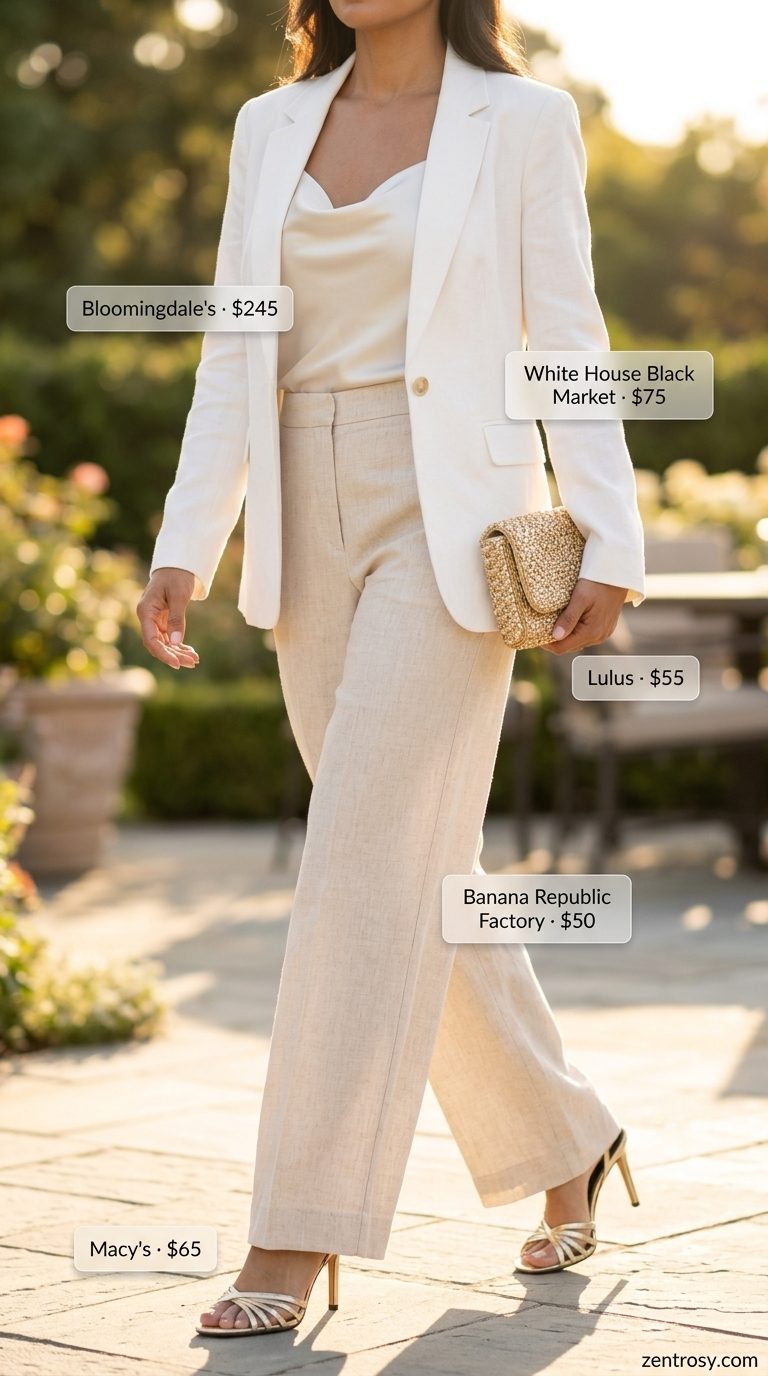 Elegant linen pant outfits summer for women 2026: blush pink blazer, ivory cami, gold sandals for weddings.