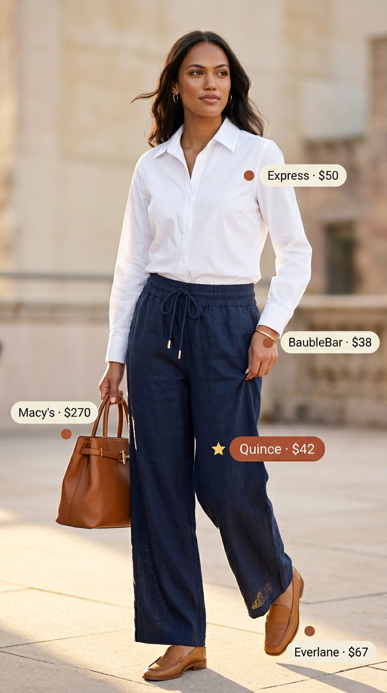 Chic linen pant outfits summer for women 2026: navy wide-leg trousers, white shirt, tan loafers.