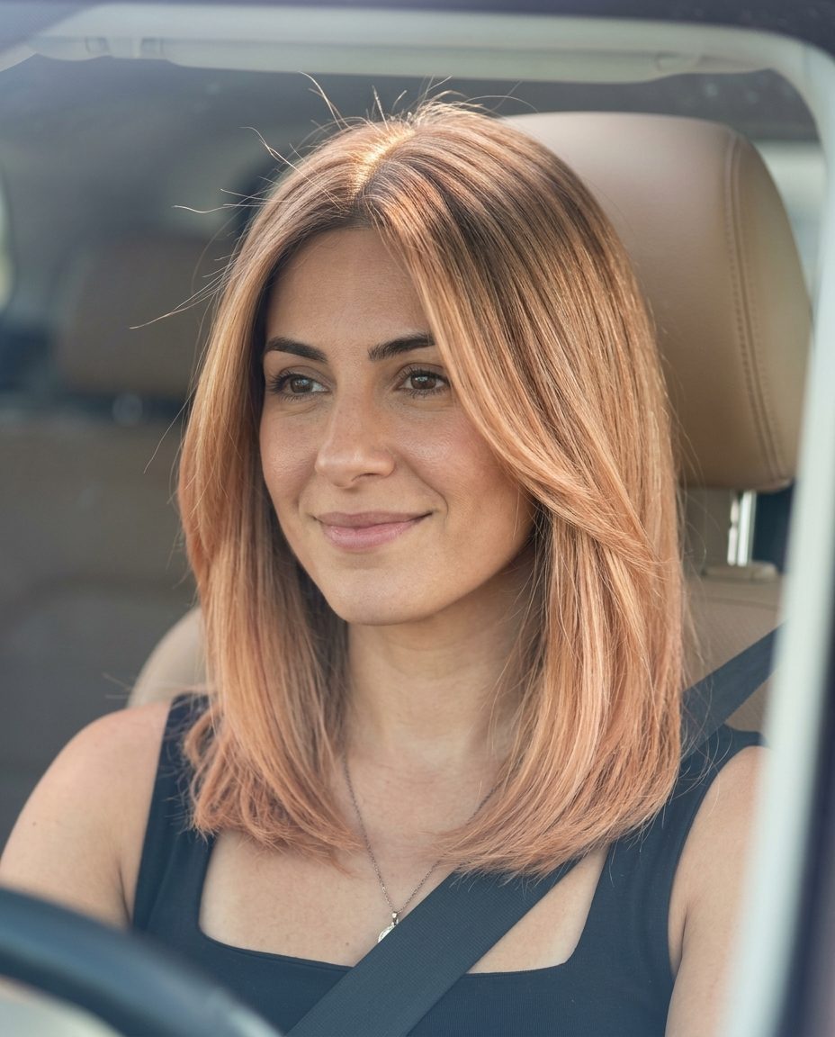 long strawberry blonde hair color with lived-in tones, balayage technique, no fringe — effortless natural style