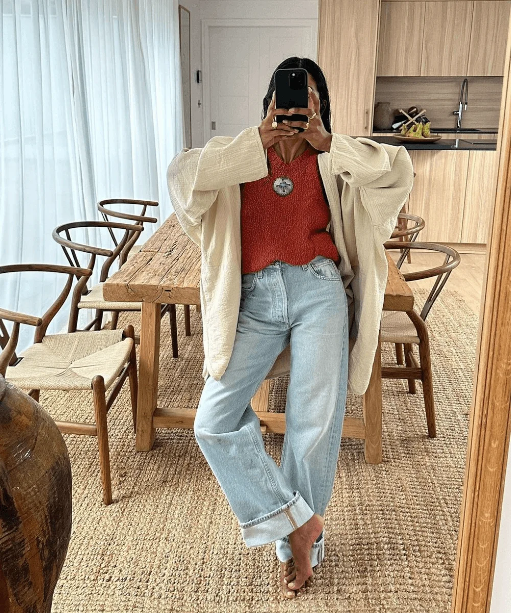 Textured Cream Cardigan Over Red Knit Tank with Wide-Leg Jeans Textured Cream Cardigan Over Red Knit Tank with Wide-Leg Jeans — Winter Outfits