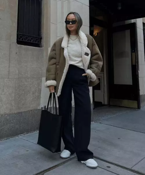 Olive Green Shearling Jacket with Cream Sweater and Black Trousers — Casual Winter Outfits