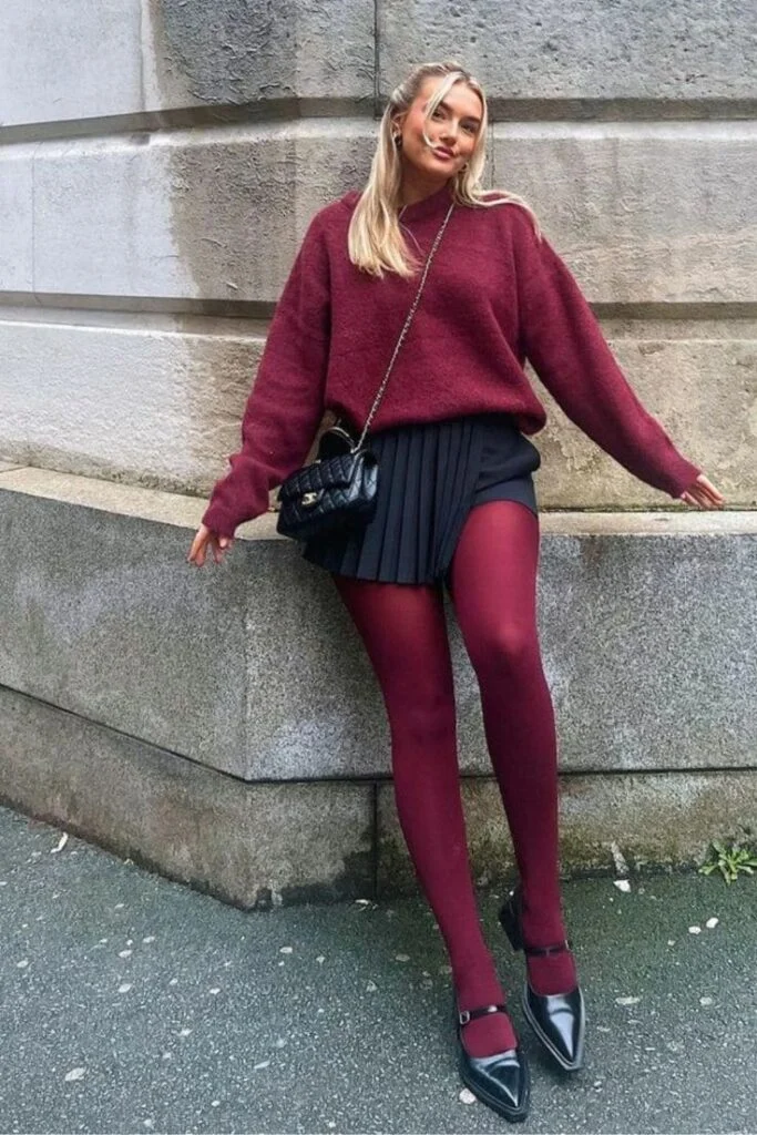 Burgundy Sweater and Tights: A Playful Mini Skirt Combination — Comfy Winter Outfits