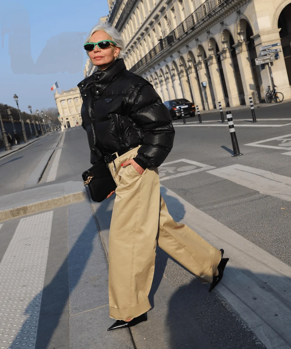 Cropped Black Puffer with Satin Pants and Pointed Heels — And Sunglasses Complete The Outfit — Winter Puffer Jacket Outfits