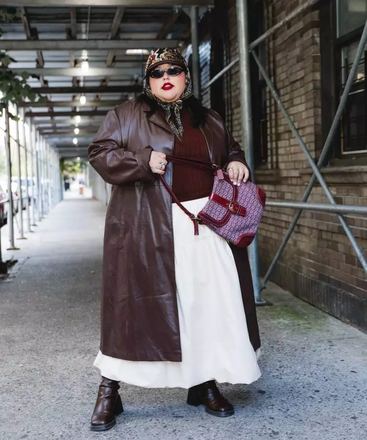Sophisticated Trench: Leather Coat Over Knit and Maxi Skirt — Winter Outfits for Plus Size Women