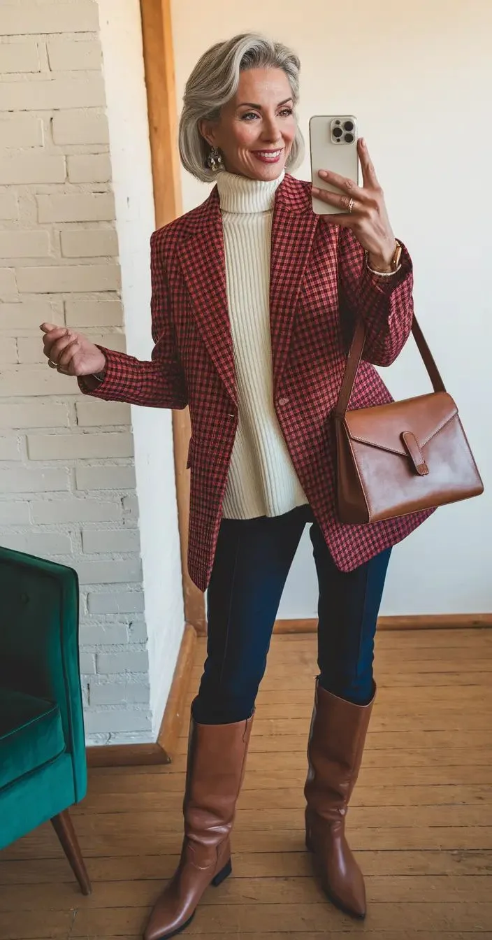 Cream Turtleneck with Checked Blazer and Knee-High Boots — Winter Outfits for Women Over 60