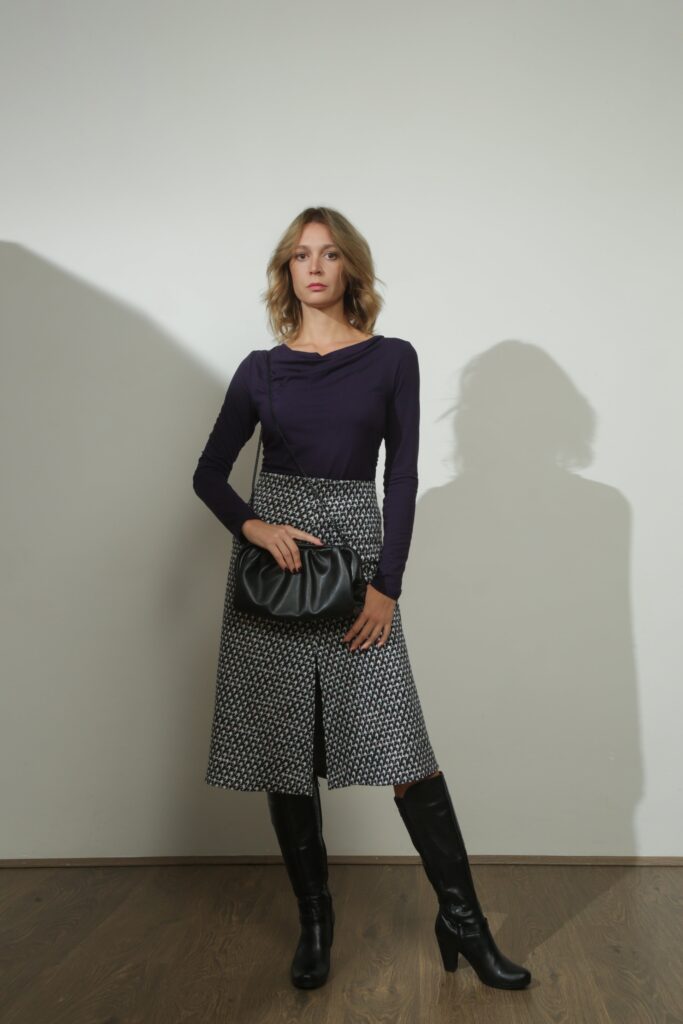 Patterned A-line Skirt with Knee-High Boots Patterned A-line Skirt with Knee-High Boots — Warm Winter Outfits