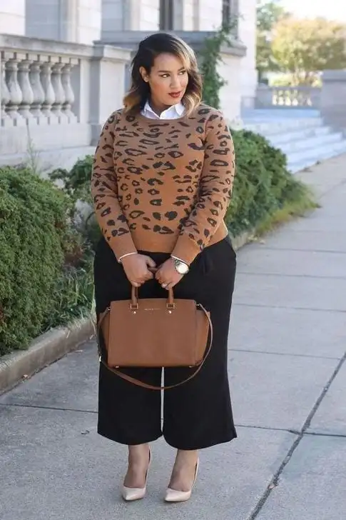 Leopard Print Knit Sweater with Wide-Leg Trousers for a Stylish Mix Leopard Print Knit Sweater with Wide-Leg Trousers for a Stylish Mix — Winter Outfits for Curvy Women