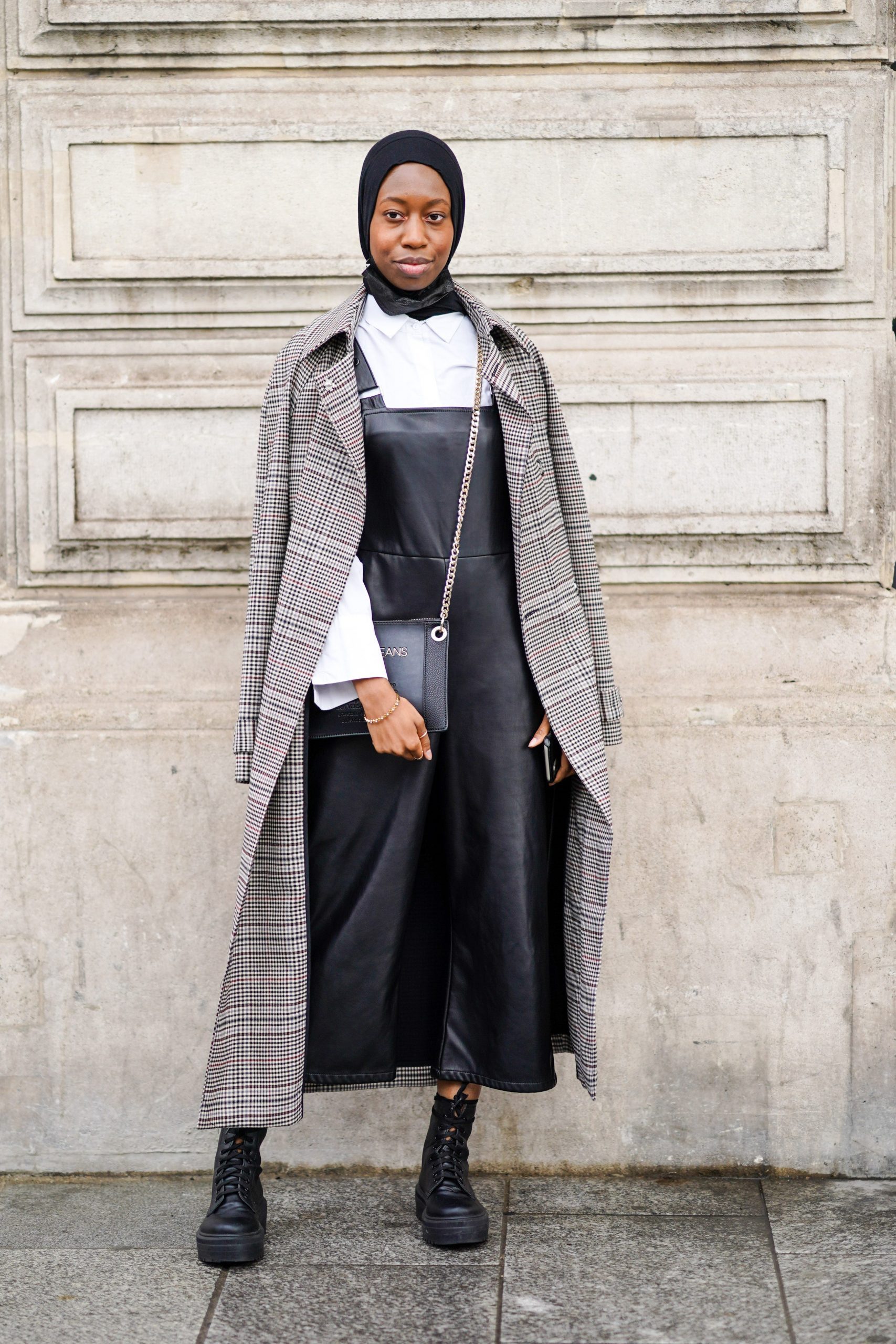 Leather Pinafore Dress with Plaid Trench for Day Out — Winter Outfits for Black Girls