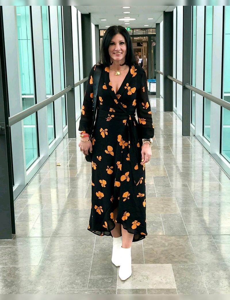 Chic Floral Wrap Dress with White Ankle Boots — Winter Outfits for Women Over 60