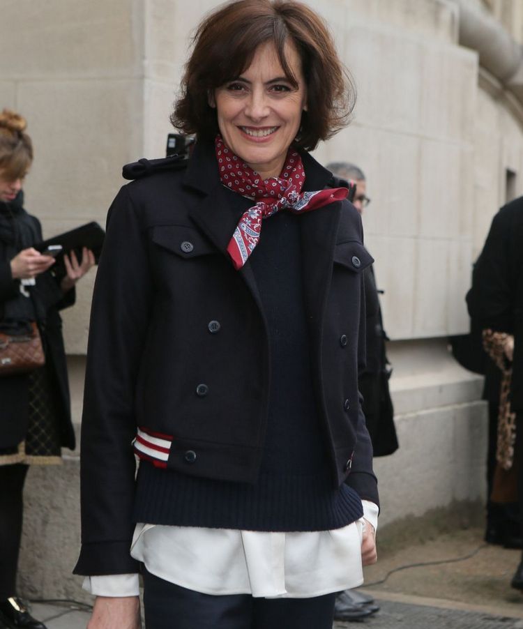 Navy Cropped Jacket with Striped Details and Patterned Scarf — Winter Outfits for Women Over 60