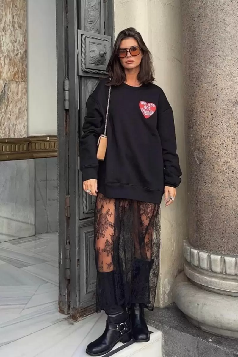 Oversized Sweatshirt Over Lace Maxi Skirt — Classy Winter Outfits