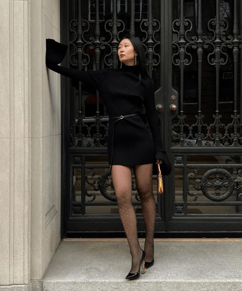 Ribbed Knit Mini Dress with Embellished Tights — Classy Winter Outfits
