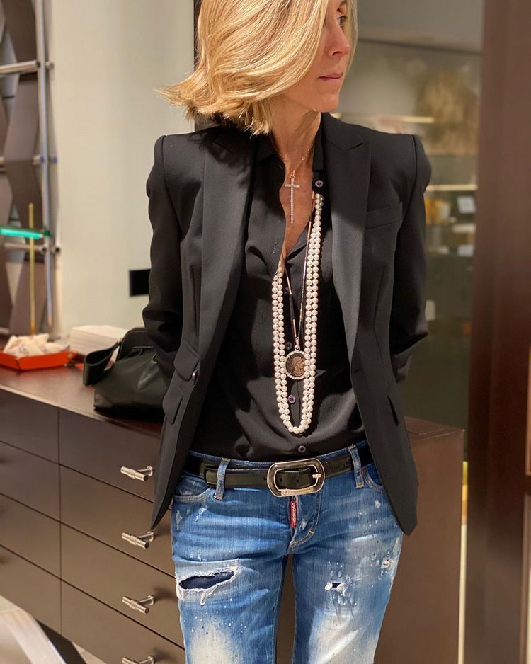 Edgy Appeal: Distressed Jeans with a Blazer and Pearls — Winter Outfits for Women Over 50