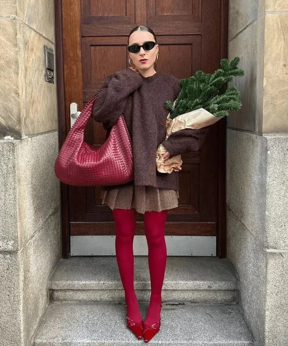 Oversized Knit Sweater with Plaid Skirt and Red Tights Oversized Knit Sweater with Plaid Skirt and Red Tights — Dressy Winter Outfits