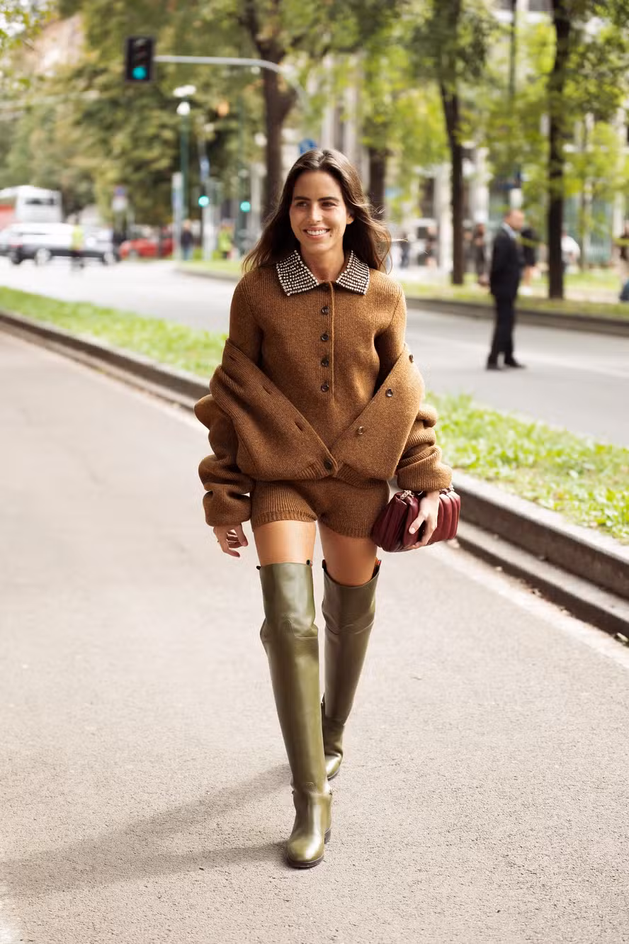 Knitwear Set: Cardigan, Top, and Shorts with Knee-High Boots — Late Winter Outfits