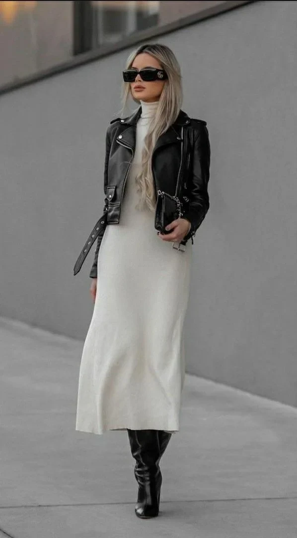 Turtleneck Knit Dress with Leather Moto Jacket for a Sleek Winter Date — Winter Date Night Outfits