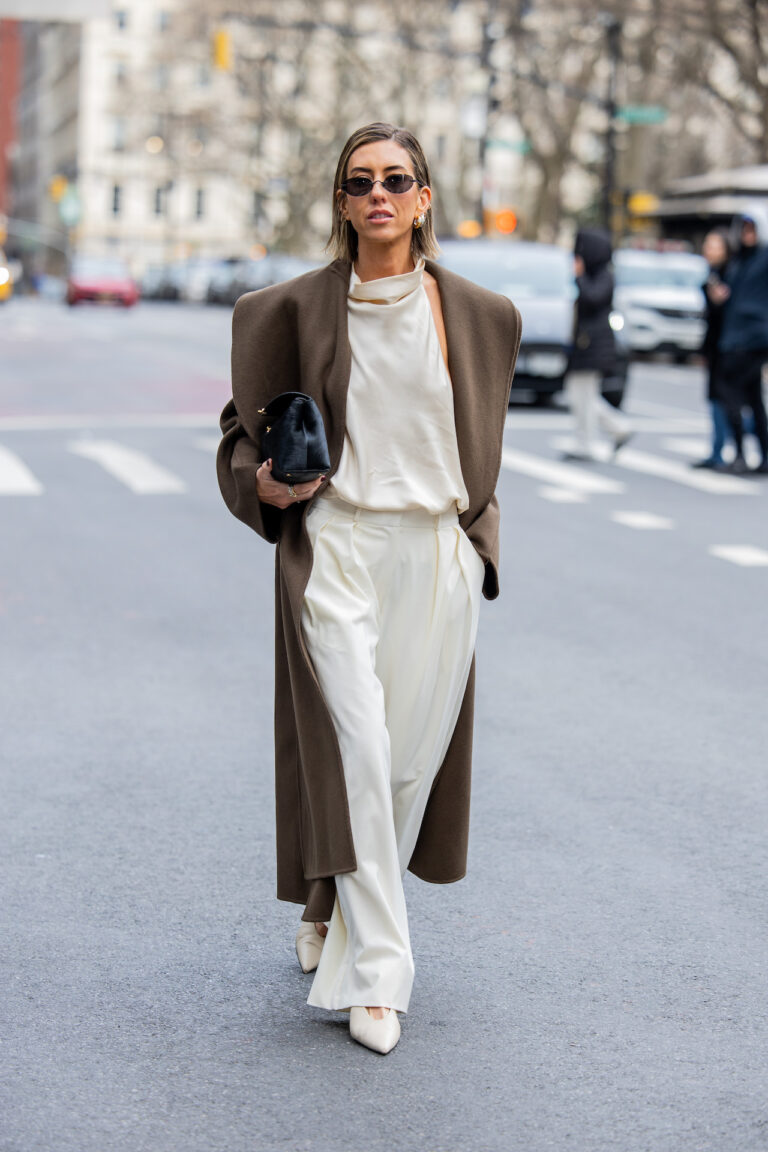 Brown Coat and Cream Trousers for an Elegant Evening Ensemble — Winter Going Out Outfits