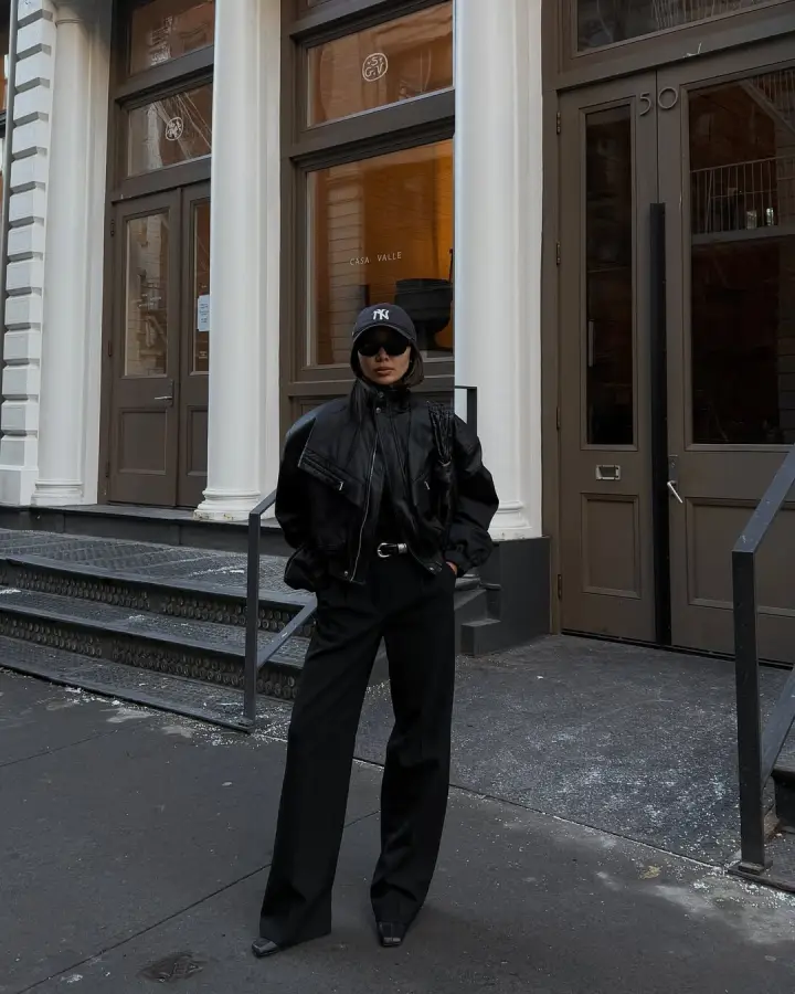All-Black Leather Jacket and Wide-Leg Trousers for Urban Edge — Winter Going Out Outfits