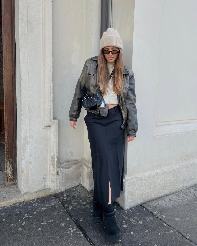 Leather Jacket and Cable-Knit Sweater for Casual Winter Outing — Winter Going Out Outfits