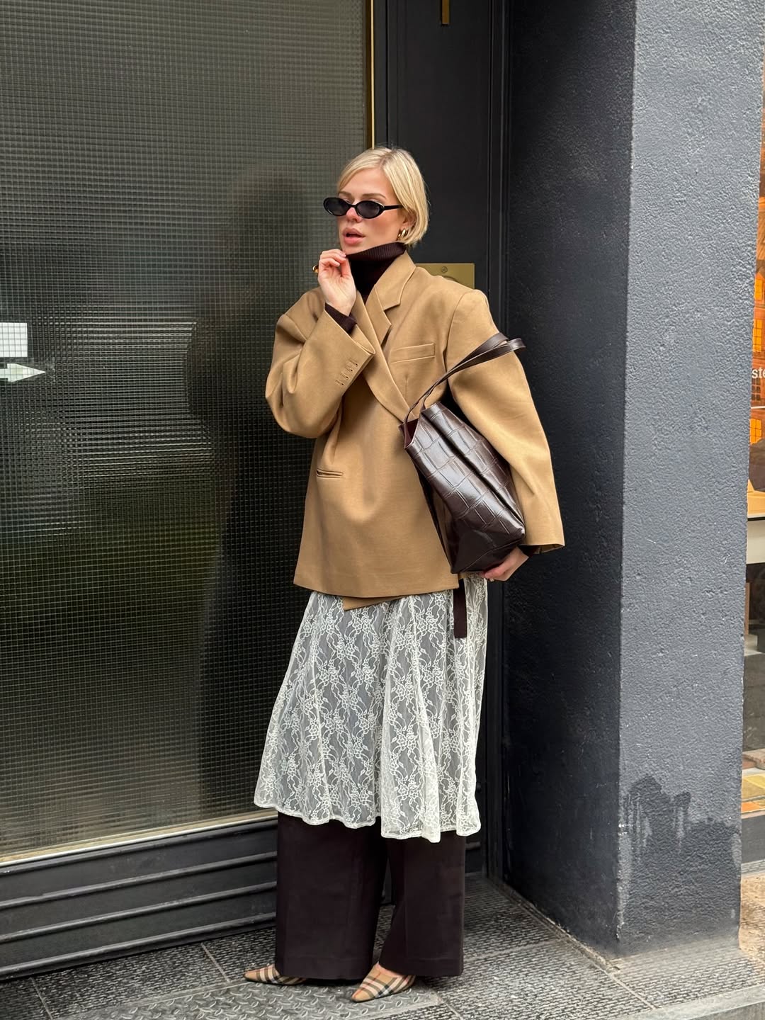 Camel Blazer with Lace Skirt Over Trousers for Unexpected Style — Winter Going Out Outfits
