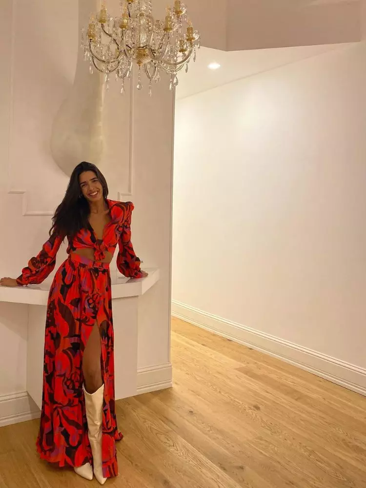 Bold Floral Print Set with White Knee-High Boots — Winter Party Outfits