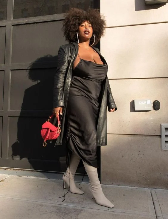 Black Silk Slip Dress with Leather Trench Coat and Red Handbag — Winter Party Outfits