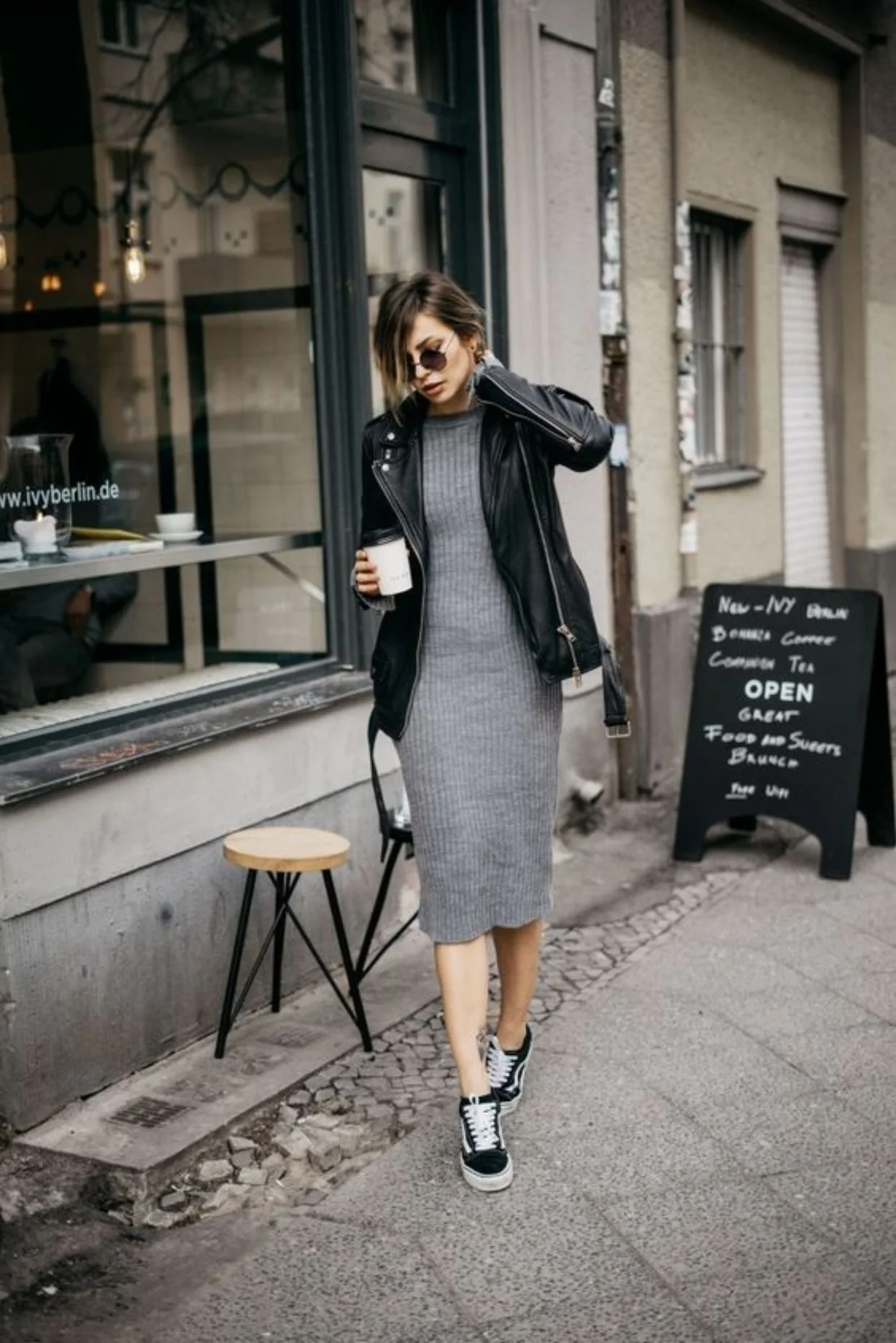 Grey Ribbed Knit Dress with Black Leather Moto Jacket for Casual Brunch Grey Ribbed Knit Dress with Black Leather Moto Jacket for Casual Brunch — Winter Brunch Outfits