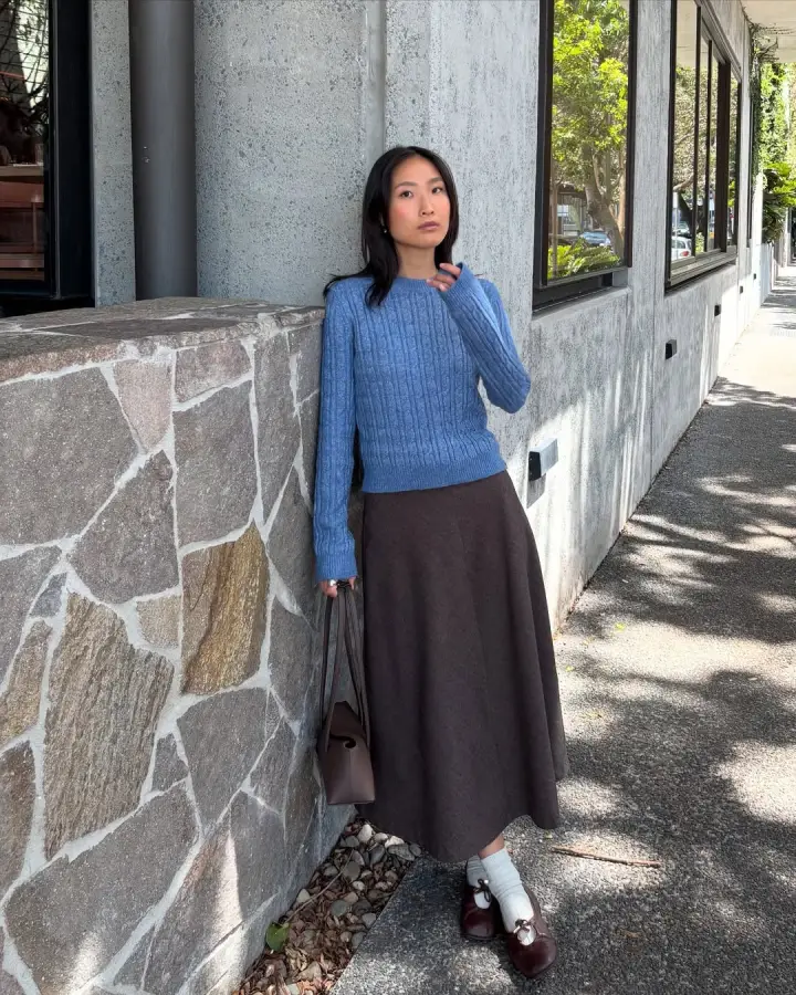 Cozy Blue Knitwear Paired with a Brown A-Line Midi Skirt for Brunch Cozy Blue Knitwear Paired with a Brown A-Line Midi Skirt for Brunch — Winter Brunch Outfits