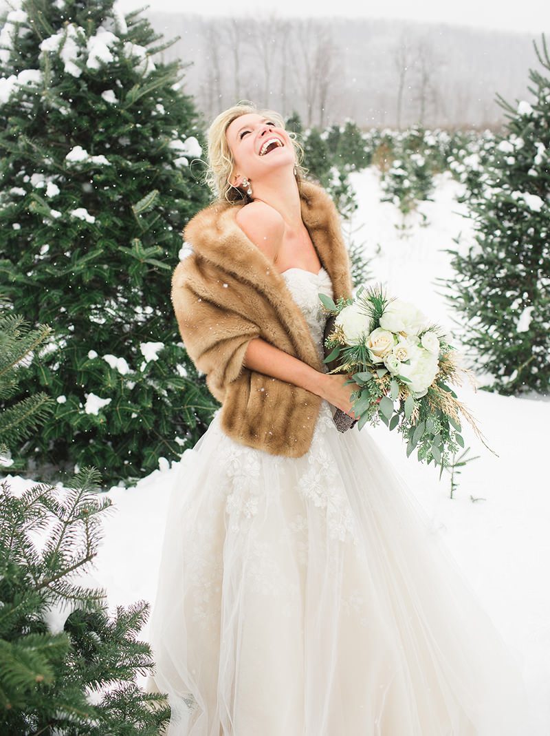 Strapless Ivory Gown with Lace and Fur Stole for a Winter Celebration — Winter Wedding Guest Outfits