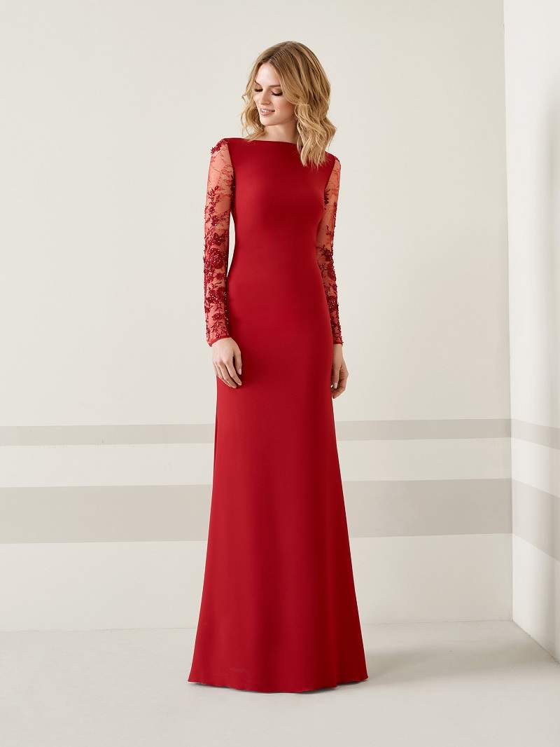 Vibrant Red Crepe Gown with Elegant Lace Sleeves — Winter Wedding Guest Outfits
